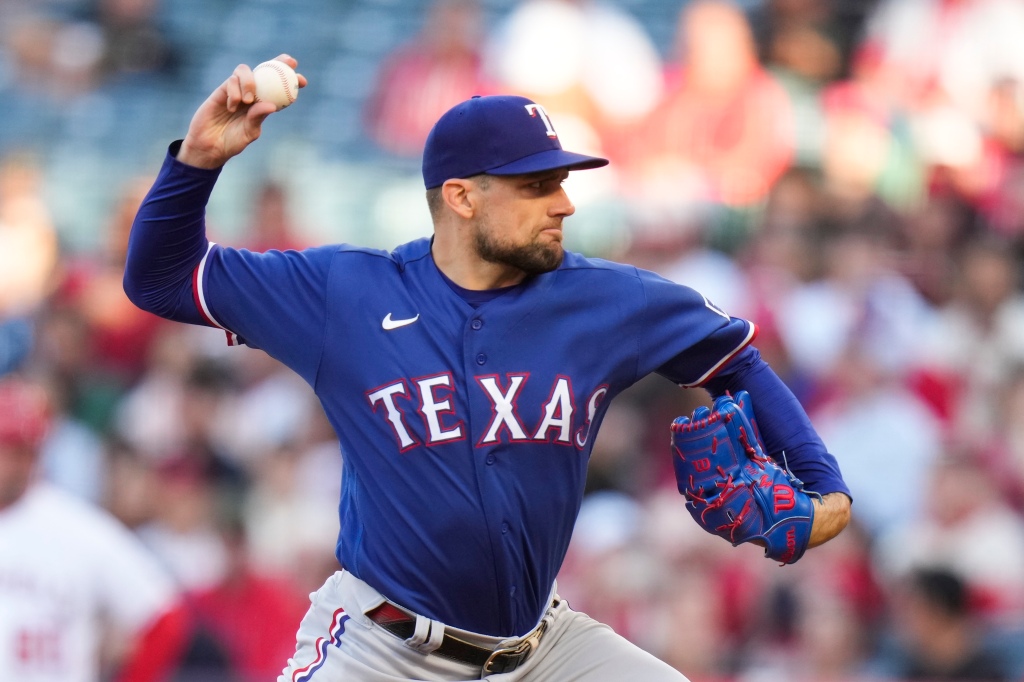 Rangers starting pitcher Nathan Eovaldi pitched to the Los Angeles Angels