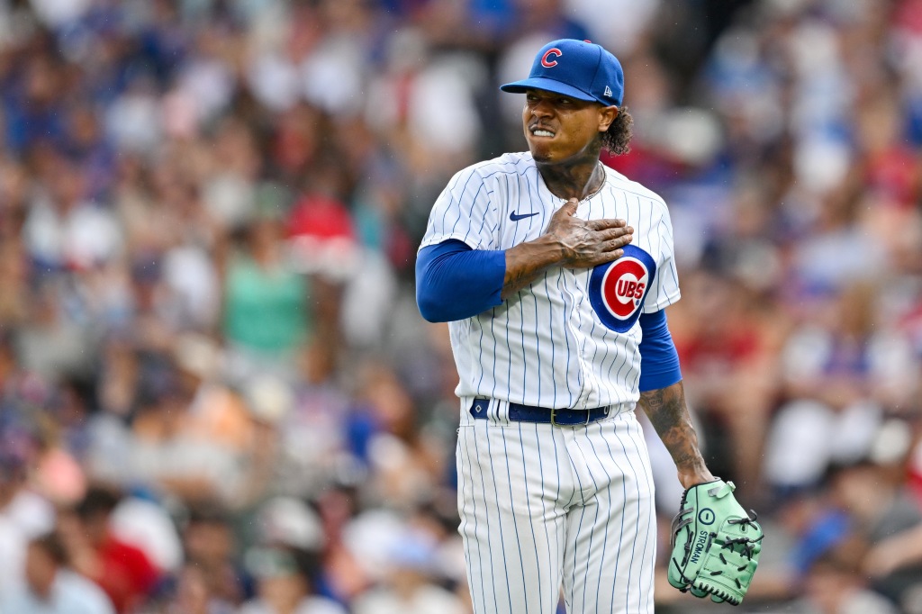 Marcus Stroman #0 of the Chicago Cubs reacts during the fifth inning of the game against the Boston Red Sox. 