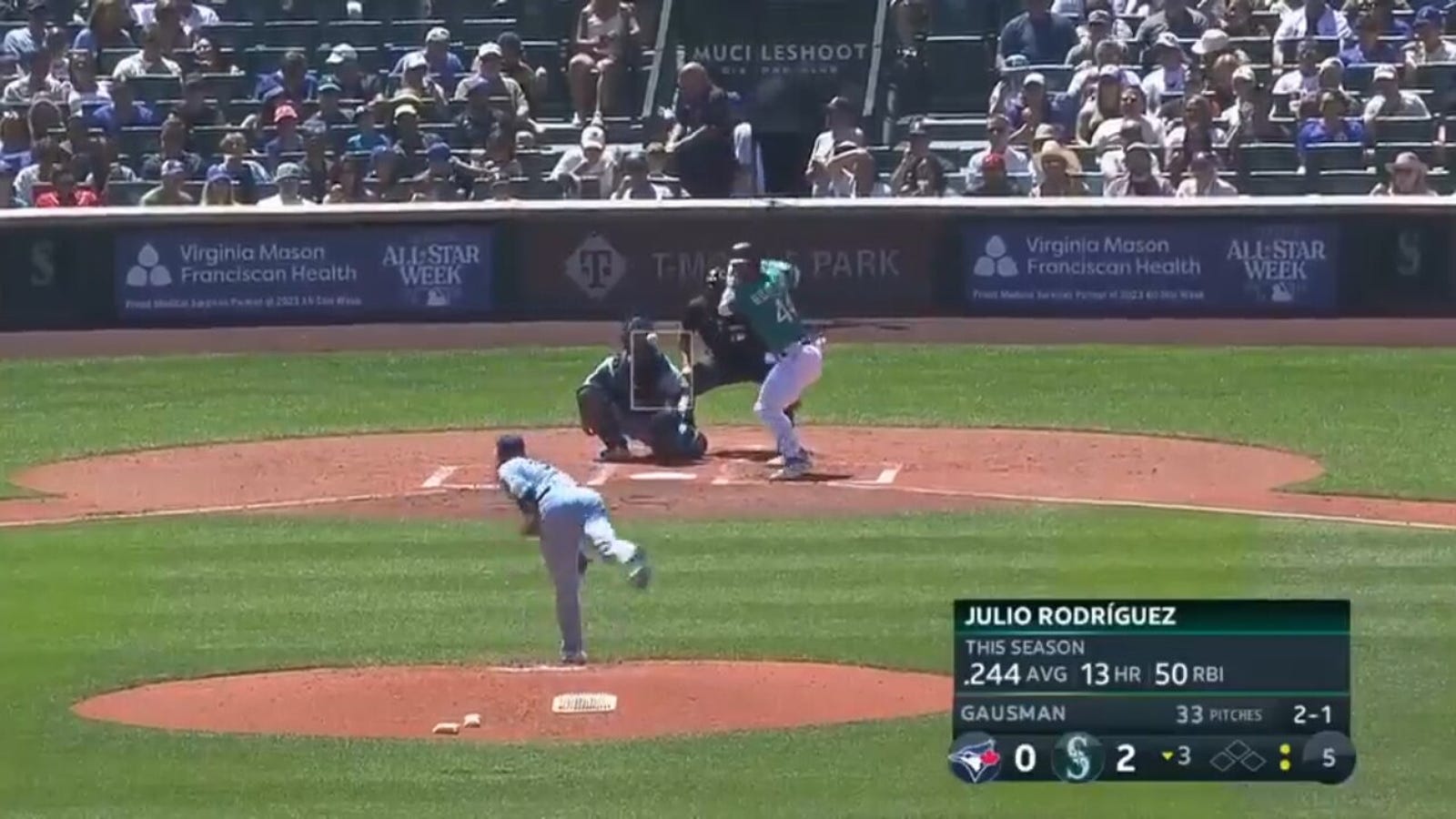 Julio Rodríguez blasts Mariners' third home run of inning versus Toronto
